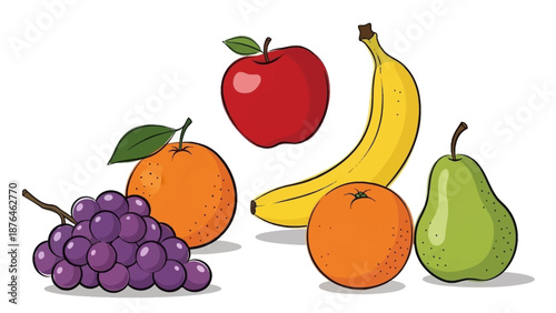 A delightful illustration of fresh, colorful fruits grapes, oranges, apple, banana, and pear. Ideal for healthy eating and a balanced diet