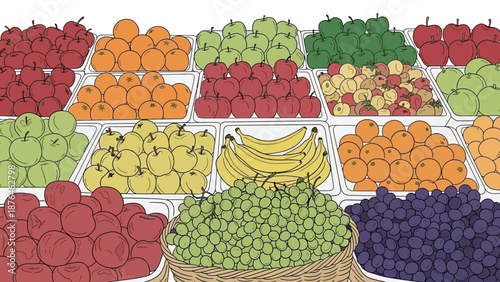 A vibrant and abundant illustration of a fresh fruit market stall, showcasing a diverse selection of ripe, healthy, and colorful produce for sale