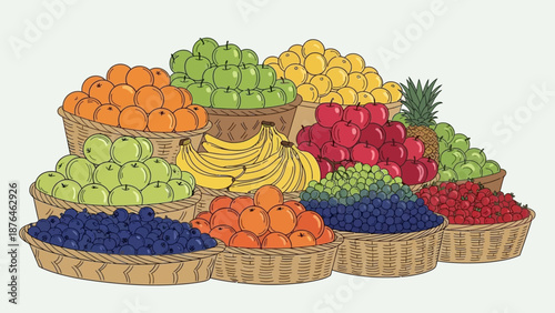 A vibrant collection of fresh, colorful fruits in woven baskets, showcasing nature's bounty and healthy eating choices