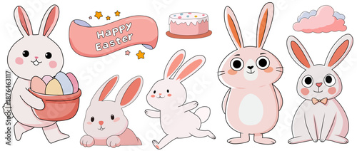 Easter Bunny Characters With Eggs Cake Clouds Spring Holiday Cute Pastel Vector Illustration