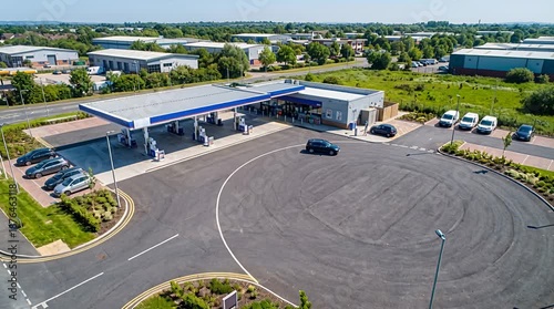 Aerial view of a modern gas station and convenience store, highlighting its clean facilities and surrounding.