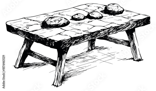 Hand drawn line art illustration of a rustic table depicting several stones on its surface for natural themes