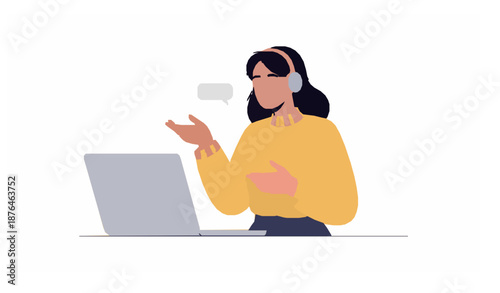 Cheerful woman using laptop for communication flat vector illustration