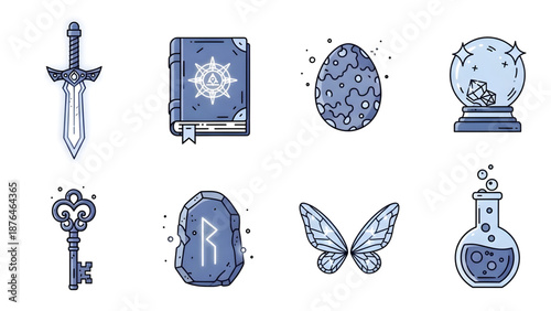 Magical RPG Game Elements Vector Icons Enchanting Fantasy Artifacts Sword Book Key