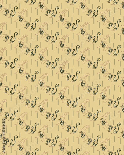 Stylized inflorescences, leaves and swirls with hearts create a seamless pattern.