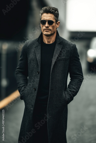 Middle Aged Caucasian Male Wearing Black Sunglasses And Grey Overcoat Standing On City Street