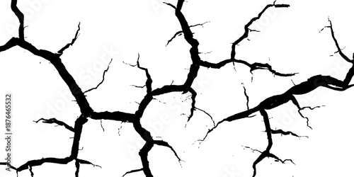 A grunge vector illustration of a broken glass wall pattern features a black cracked texture resembling dry desert soil and old concrete ground