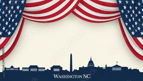 American flag curtains with washington dc skyline silhouette graphic design