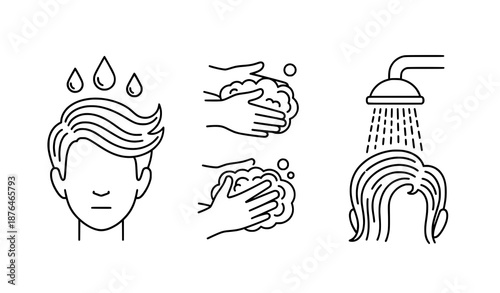 Hair washing line icon set with editable strokes for beauty salon hygiene and care vector