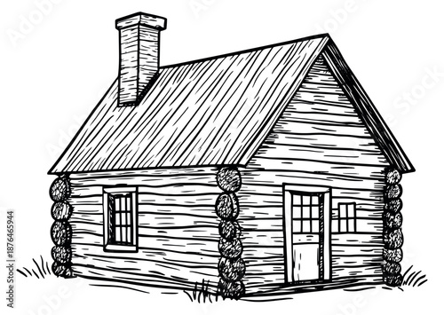 Hand drawn line art illustration of a rustic log cabin depicting traditional architecture for wilderness living