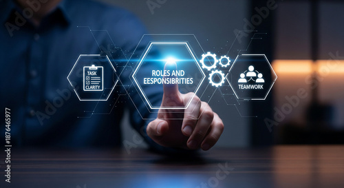 Business roles and responsibilities concept, manager touching virtual screen with teamwork icons