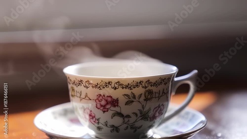 Steaming Cup of Tea on a Saucer with Floral Design.