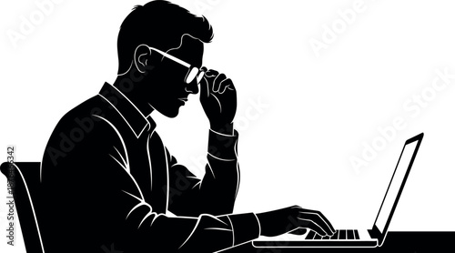 Businessman working on laptop silhouette showing office professional thinking focused computer work modern business vector illustration concept