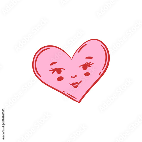 Pink cartoon heart with smiling face and expressive eyes. Hand-drawn doodle style illustration. Valentine's Day and romantic love concept. Design for stickers, wedding invitations, greeting cards.