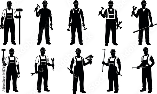 Construction workers silhouettes set with helmets tools equipment showing mechanics plumbers electricians industrial labor vector illustration collection design isolated black