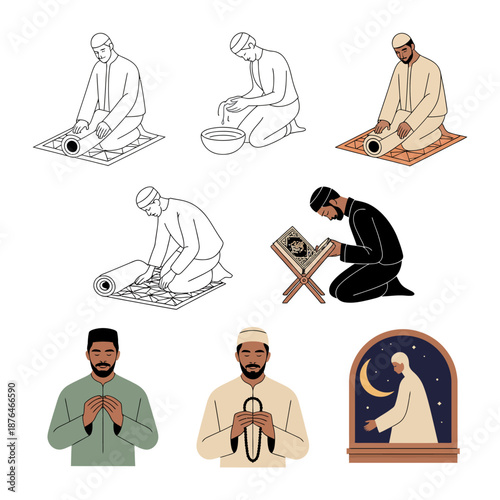 Spiritual Devotion: A visual narrative, exploring the steps of Muslim prayer, with a man engaged in different acts of worship. Demonstrating the essence of faith and contemplation.