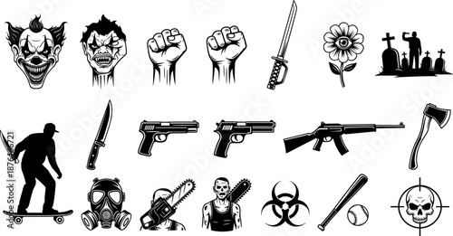 Dark horror weapon icon silhouettes set showing skull knife gun chainsaw fist zombie biohazard spooky vector illustration collection