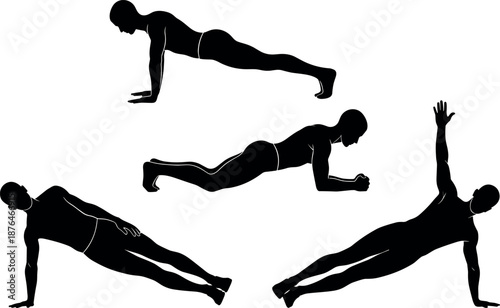 Plank exercise silhouettes set showing core strength workout positions, fitness training poses for bodyweight workout, vector illustration isolated