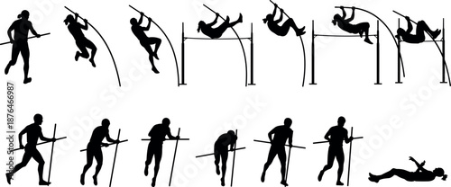 Pole vault athlete silhouette sequence vector illustration showing complete jump technique stages isolated on white background for sports design use