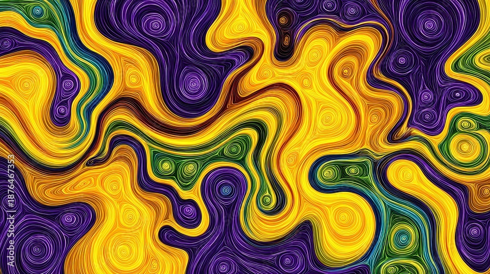 Fototapeta premium Vibrant abstract swirl pattern with fluid marbled textures in yellow, purple and green