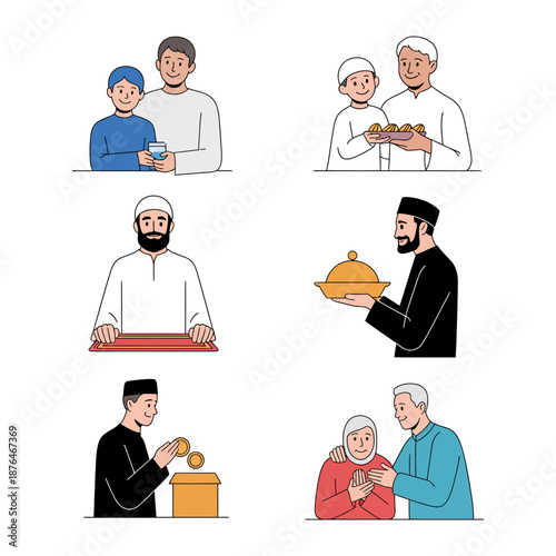 Sharing and Giving Moments: A compilation of illustrations depicts moments of connection and generosity between people, conveying themes of caring and empathy.