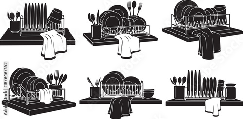 Black and white dish rack with kitchen utensils illustrations