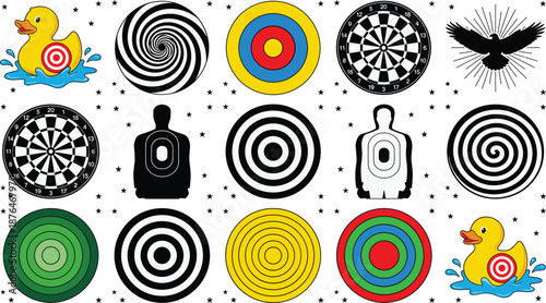 Colorful target and spiral pattern collection with abstract shapes and shooting practice icons isolated on white background for graphic design