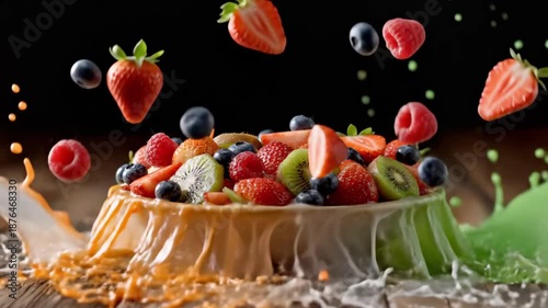 Vivid liquid splashes onto a fruit-filled bowl, creating a colorful, dynamic scene on a wooden table