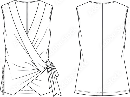 Women sleeveless wrap top technical fashion illustration showing front and back views, modern apparel design, clean outline vector style