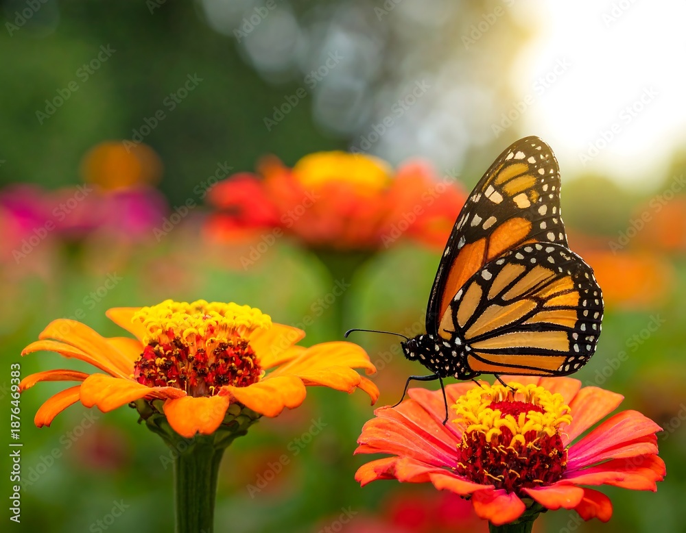 Obraz premium Monarch butterfly rests on vibrant orange flower amidst a blurred garden under bright sunlight