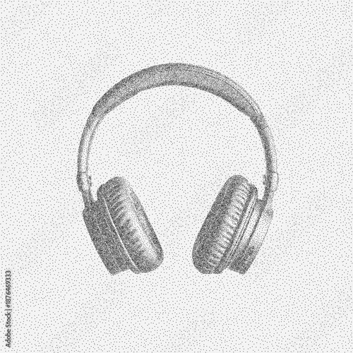 Headphones music podcast with grainy texture, speckled dust and faint stains on worn vintage paper surface, subtle aging marks and rough imperfections.