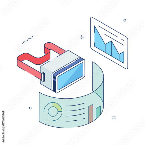 An isometric illustration showing vr data and immersive digital analytics