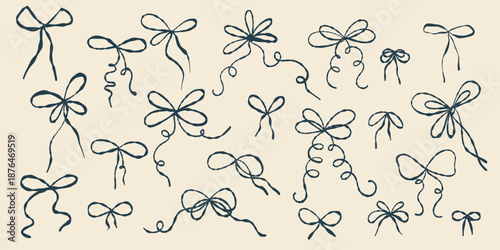 Bow doodle set, line art ribbons. Hand drawn bow pack, sketch ribbon icons. Doodle bow collection, simple line bows