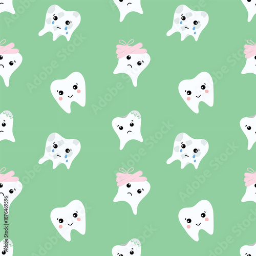 Tooth seamless pattern, pediatric dental. Dental teeth repeat pattern, green background. Cute tooth icons pattern, nursery dental print