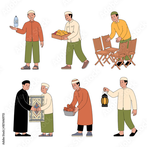 Muslim Life Illustrations: A collection of illustrations that capture the essence of Muslim life, including men offering food, water, lantern, carpet, and arranging seats.