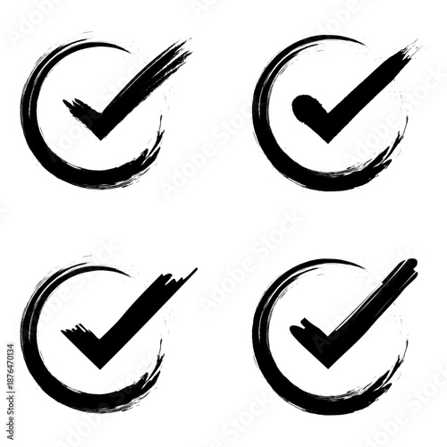 Checkmark icon set. Set of check marks inside a circle in brush style