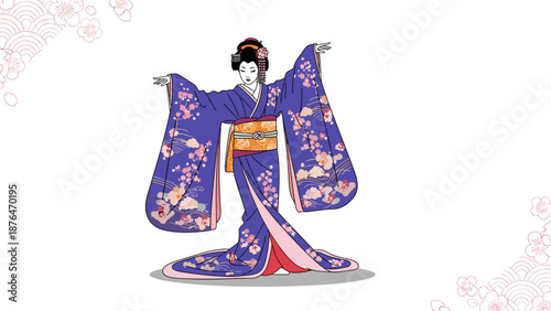 Dancing geisha in a beautiful festive kimono, ideal for cultural presentations, event promotions, and artistic projects.