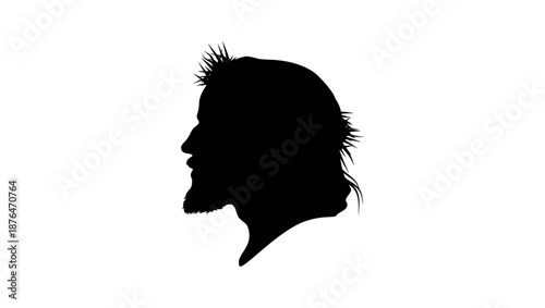 Jesus in profile, wearing a crown of thorns, black isolated silhouette
