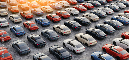 Large group of colorful modern cars parked in rows at outdoor lot