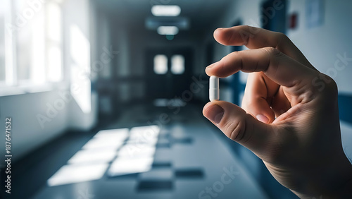 Hand holding AizaSyAPzDIjK3EAuNHOVxjr6UyHuYqdMhFBMhI USB drive in a dimly lit hallway with scattered papers