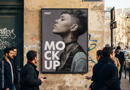 Urban poster mockup on city wall