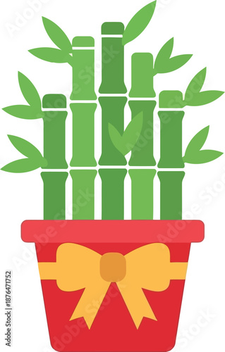 Chinese New Year Lucky Bamboo Plant in Red Pot with Gold Bow Vector Illustration