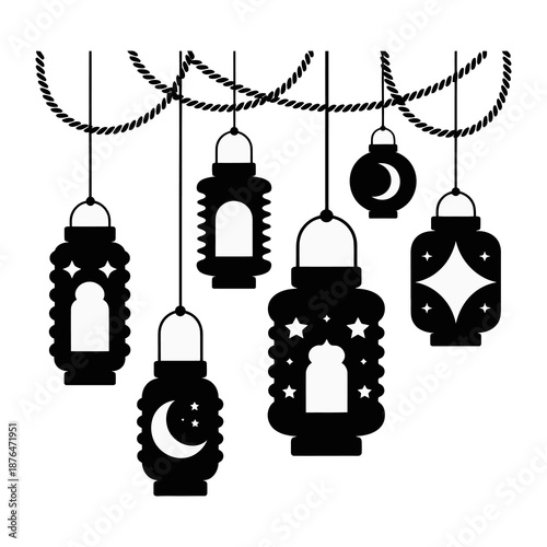 Islamic Lanterns of Celebration: A set of intricately designed lanterns, suspended gracefully, illuminated with the symbols of the crescent moon and star, ready to celebrate a special occasion.