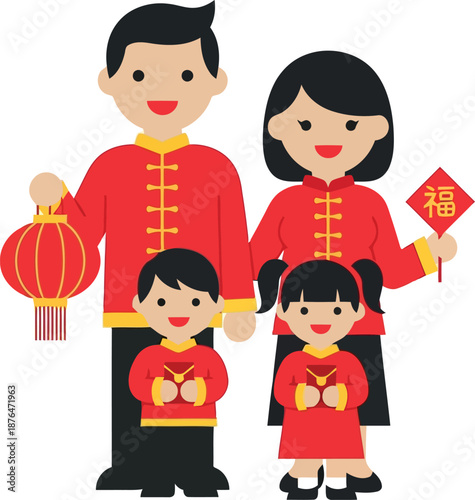 Happy Chinese New Year Family Celebration in Traditional Red Outfits Holding Lantern and Fu Character