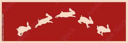Принти на полотні Hand drawn illustration with white rabbit jumping on a red background
