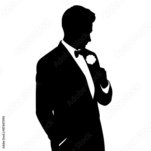 Silhouette of man adjusting lapel flower on tuxedo, formal attire and wedding preparation