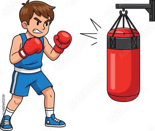 Boxing training cartoon illustration, young boxer punching heavy bag, kids sport workout, fitness exercise, martial arts practice