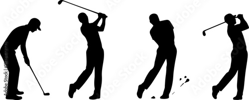 Silhouette set of golfer action pose with club, golf player postures swing, putt and ball, black isolated graphic illustration on white background
