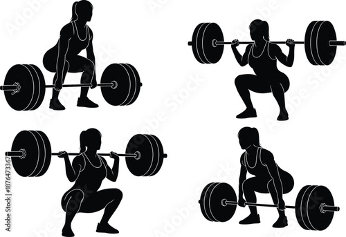 Female weightlifting silhouettes, barbell squat and deadlift exercises, strength training workout poses, fitness and powerlifting illustration