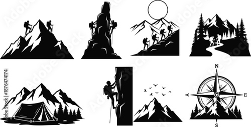 Mountain hiking adventure silhouettes, climbers trekking peaks, outdoor exploration scenes, camping and navigation icons, nature travel illustration